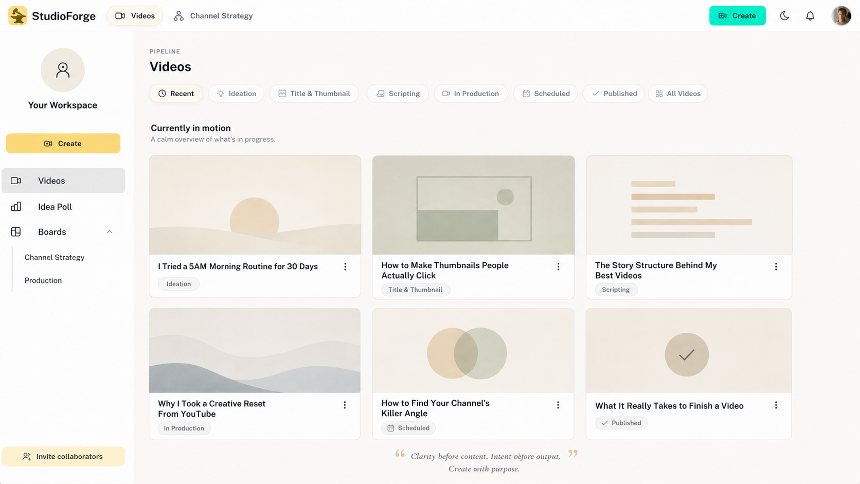 Video pipeline showing projects in ideation, scripting, and production